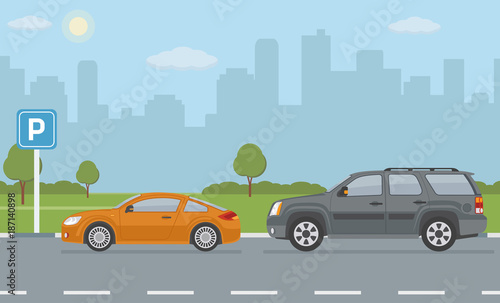 Fototapeta Naklejka Na Ścianę i Meble -  Parking lot with two cars on city background. Vector illustration. 
