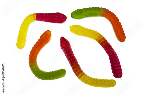 Colorful Fruity Gummy Worm Candy on white background