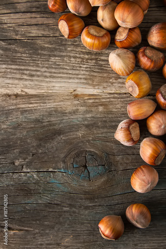 Autumn meal. Hazelnuts are nuts. Dark background.