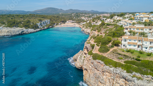 Fototapeta Naklejka Na Ścianę i Meble -  Drone aerial landscape of the beautiful bay of Cala Anguila with a wonderful turquoise sea, Porto Cristo, Majorca, Spain