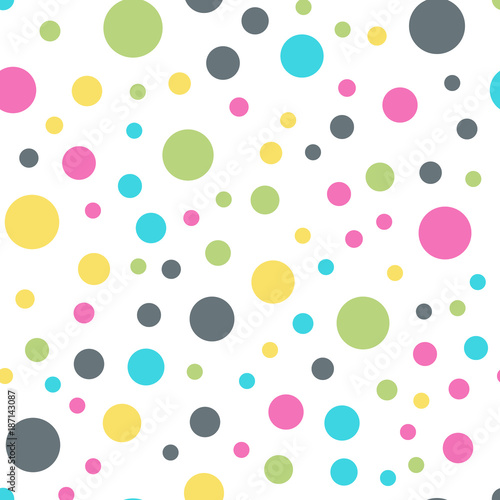 Colorful polka dots seamless pattern on white 10 background. Surprising classic colorful polka dots textile pattern. Seamless scattered confetti fall chaotic decor. Abstract vector illustration.