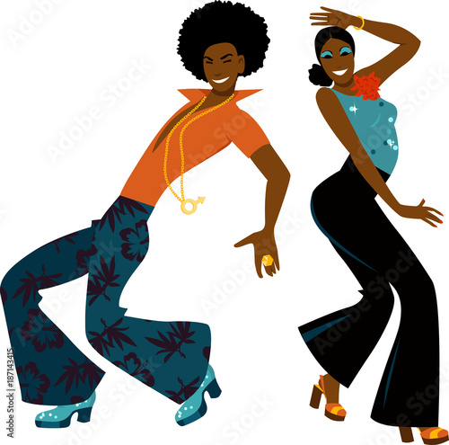 Young couple dressed in 1970s fashion dancing disco, EPS 8 vector illustration
