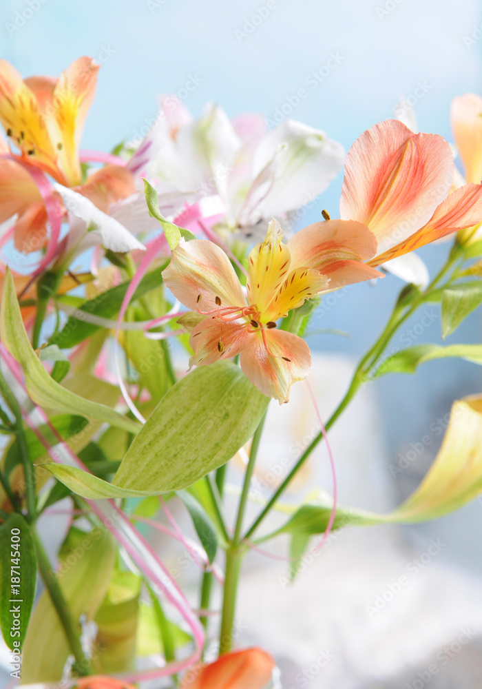 Fototapeta premium Beautiful flowers. A lily, a bouquet from lilies on a light background.