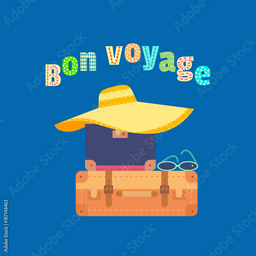 Travel icon. Have nice trip - Bon Voyage in French. Fancy colorful cartoon letters. Vacation tour symbol. Vintage marine tripping advertisement banner background. Vector seashore retro illustration