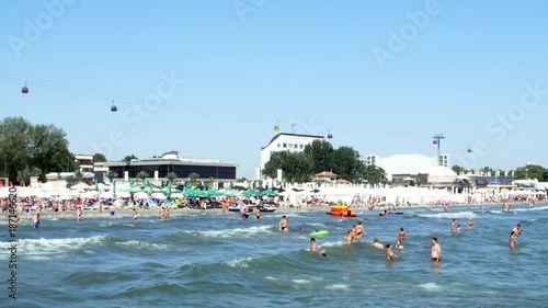 Crowded Beach At The Black Sea Resort, People Having Fun In The Water,  Summer