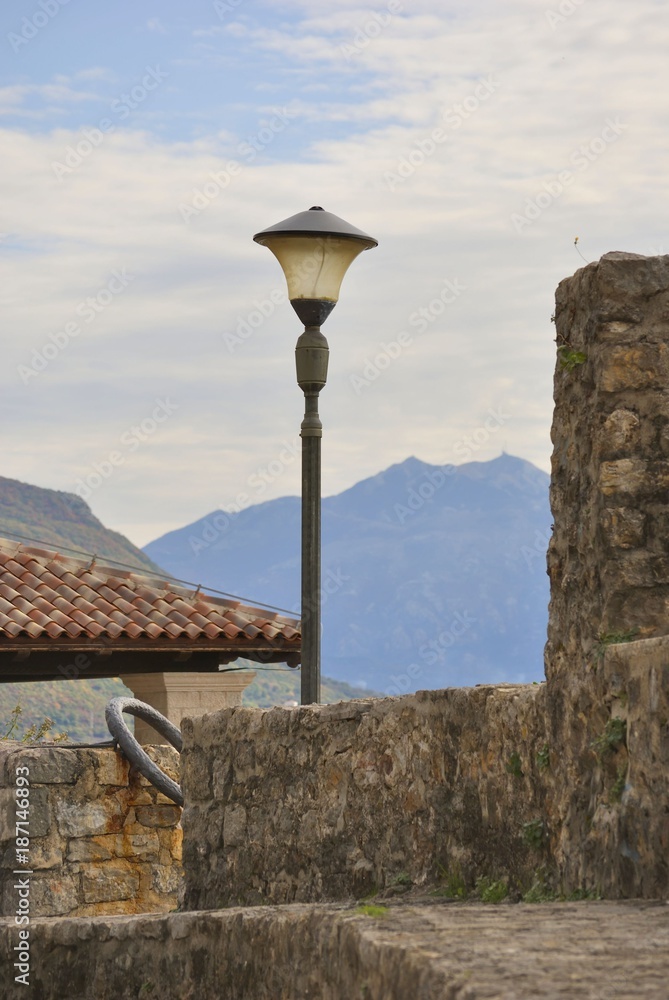 Lonely street lamp in Old Town of Herceg Novi, Montenegro.