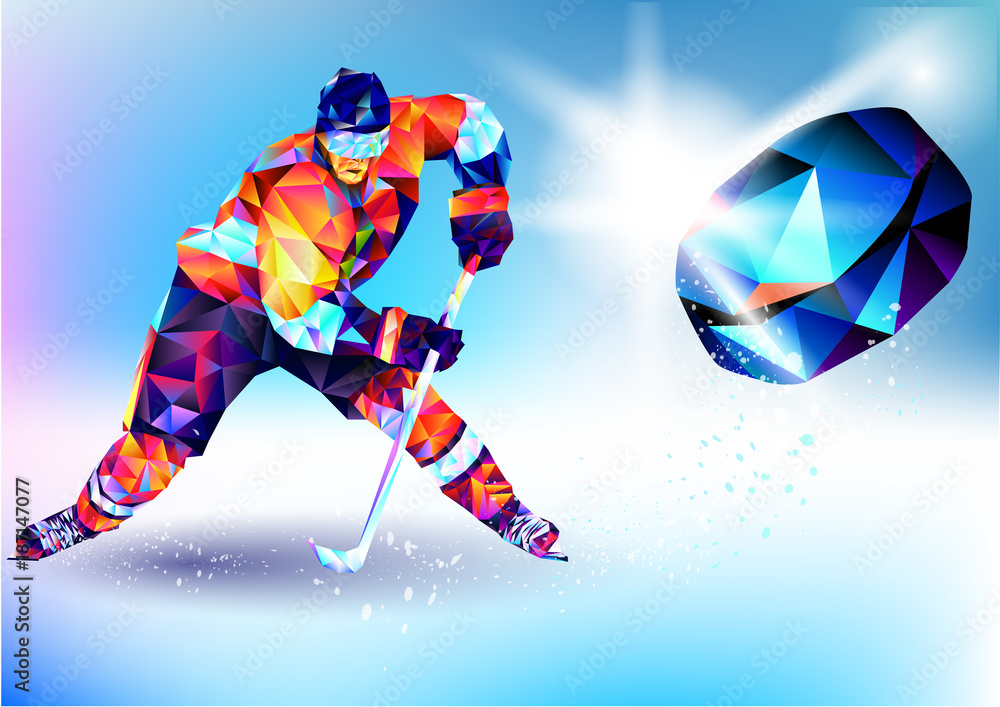 Fototapeta premium Vector illustration blue background in a geometric triangle of XXIII style Winter games. Olympic hockey on ice arena from triangle silhouette