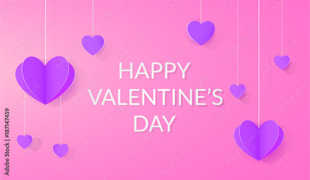 Bright festive background with paper hearts for Valentines day