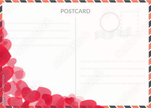 Festive travel postcard illustration with hearts. Postal background