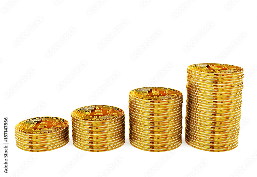 Bitcoin coins stack step up, money growing and financial investment concept, 3D rendering Bitcoin coins stack step up, money growing and financial investment concept, 3D rendering
