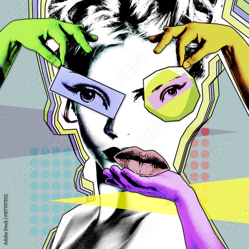 Female beauty and plastic surgery. Retro poster in the style of pop art..