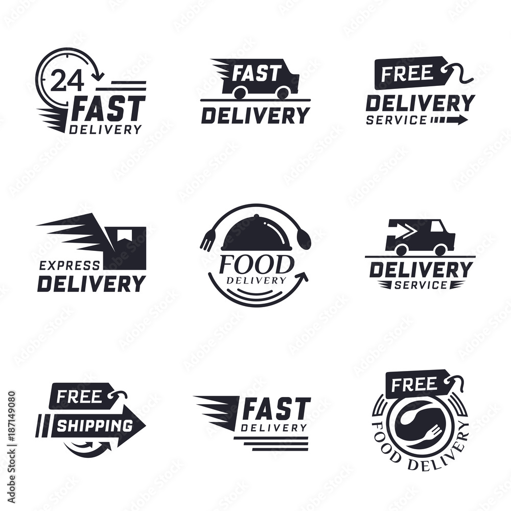 Set of delivery labels for online shopping. Worldwide shipping. Signs and labels free delivery in black color. Fast delivery logotype. Delivery service icons. Food delivery design Set of delivery labels for online shopping. Worldwide shipping. Signs and labels free delivery in black color. Fast delivery logotype. Delivery service icons. Food delivery design