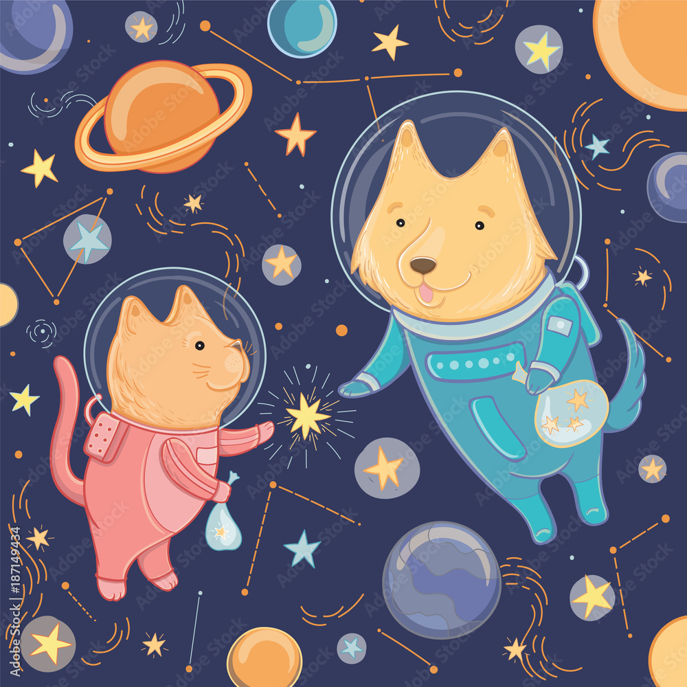 Vector illustration with cute dog and cat in space