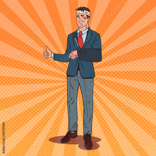 Pop Art Beaten Businessman Smiling. Man Bruised Injured. Vector illustration