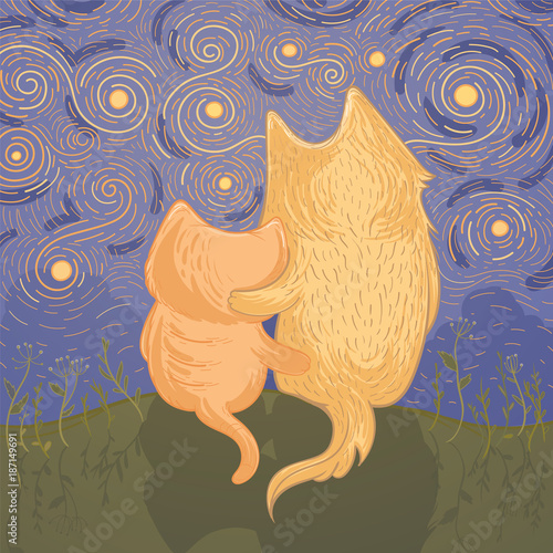 Cute dog and cat admire the night starry sky