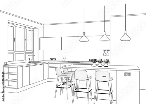 3D vector sketch. Modern kitchen design in home interior. Kitchen sketch with decorations and appliances. Project management. Pendant lights. Lines, projection. Home Interior Design Software Programs.