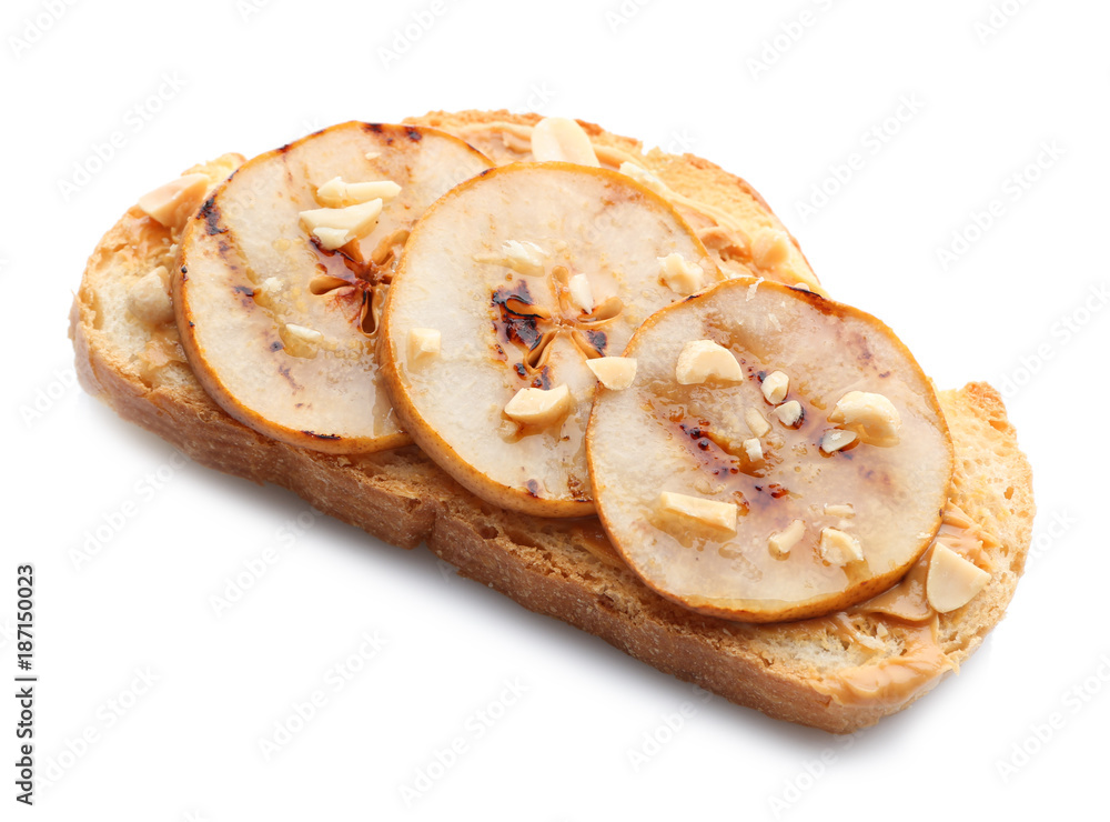 Tasty toast with peanut butter and grilled pear on white background