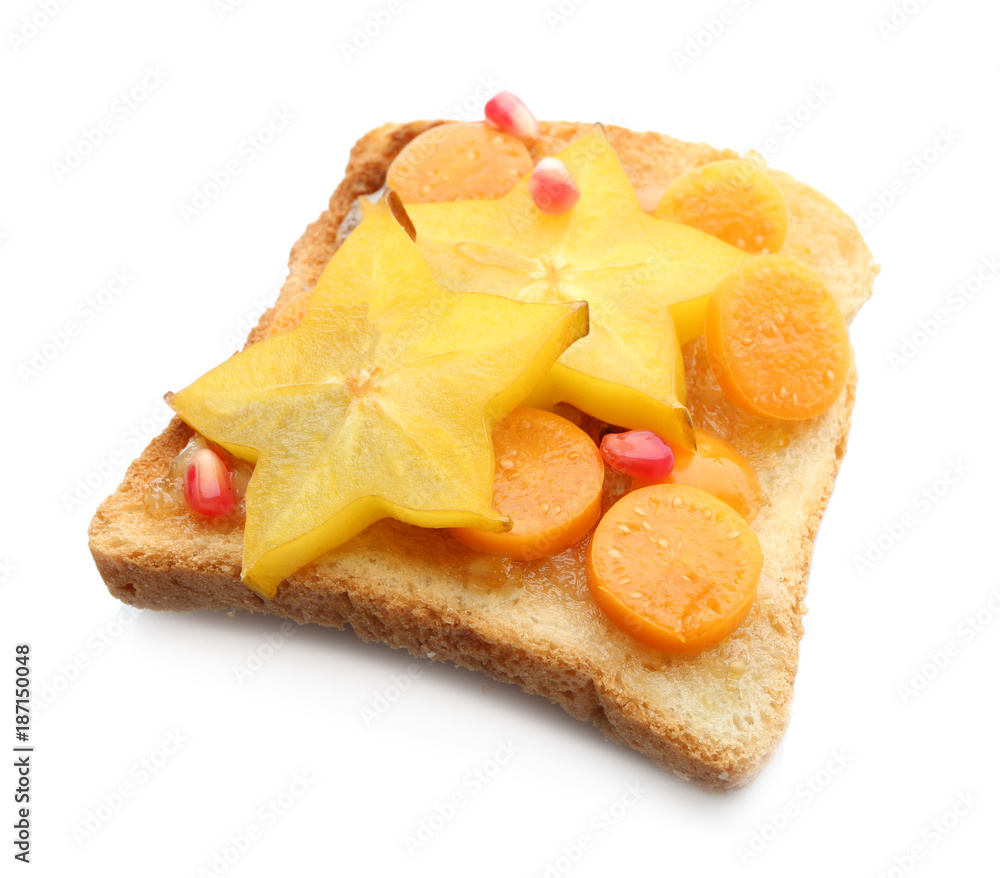 Tasty toast with jam and fruits on white background