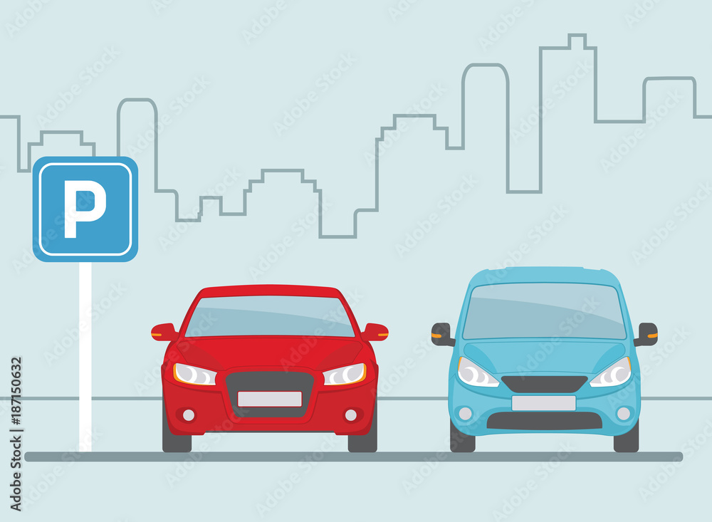 Parking lot with two cars on light blue background.. Flat style, vector illustration. Parking lot with two cars on light blue background.. Flat style, vector illustration.