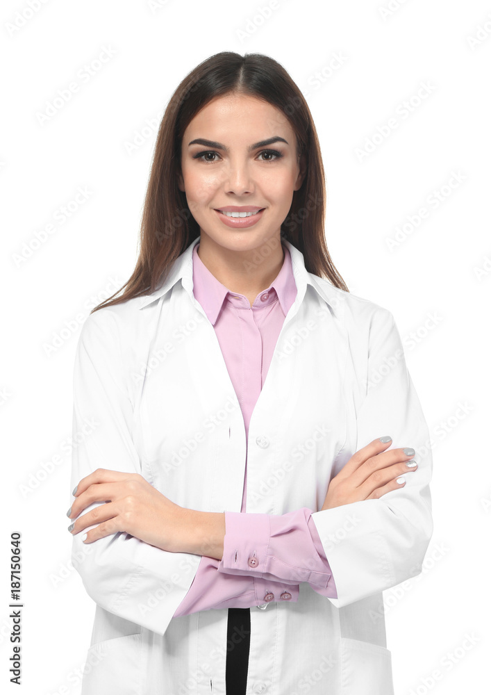 Young female pharmacist on white background Young female pharmacist on white background