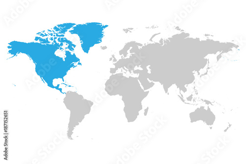 Fototapeta Naklejka Na Ścianę i Meble -  North America continent blue marked in grey silhouette of World map. Simple flat vector illustration.