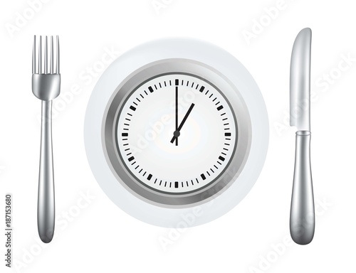 Plate with fork and knife and clock in the plate, meal time concept, vector