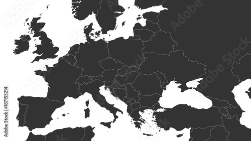 Blank gray political map of Europe and Caucasian region. Simple flat vector illustration.