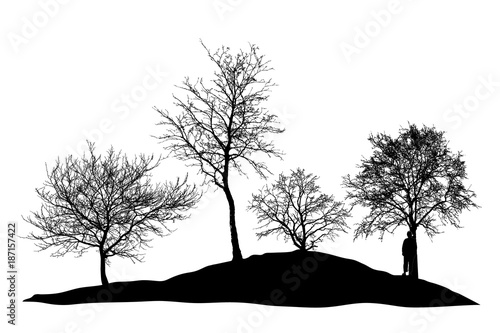Realistic silhouette of trees.The silhouette of the girl under the tree. (Vector illustration).