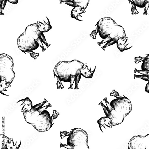 Seamless pattern of hand drawn sketch style rhino. Vector illustration isolated on white background.