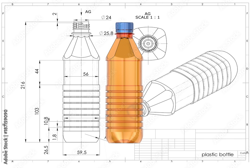 3d illustration of plastic bottle above engineering drawing Stock Illustration Adobe Stock