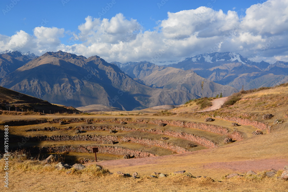 The archaeological ruins of Moray sit on a high plateau in the Andes and features circular agricultural terraces believed to have been used by the Incas to test climate on crop growth..