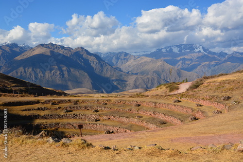 The archaeological ruins of Moray sit on a high plateau in the Andes and features circular agricultural terraces believed to have been used by the Incas to test climate on crop growth..