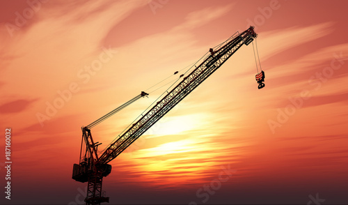 3D crane against a sunset sky