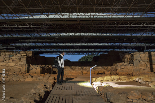 Visiting Cancho Roano at night with moonlight, Zalamea, Badajoz, Spain photo