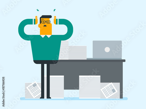 Young caucasian white office worker in despair standing next to the workplace with heaps of papers. Concept of stress at work and paperwork. Vector cartoon illustration. Square layout. © Visual Generation