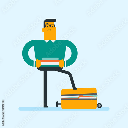 Young caucasian white man standing on a suitcase and trying to close it. Frustrated man having problems with packing a lot of clothes into a single suitcase. Vector cartoon illustration. Square layout