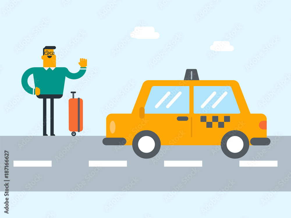 Young caucasian white man with s suitcase catching a taxi car by waving hand. Hitchhiking man trying to stop a taxi car on a highway. Vector cartoon illustration. Square layout. Young caucasian white man with s suitcase catching a taxi car by waving hand. Hitchhiking man trying to stop a taxi car on a highway. Vector cartoon illustration. Square layout.