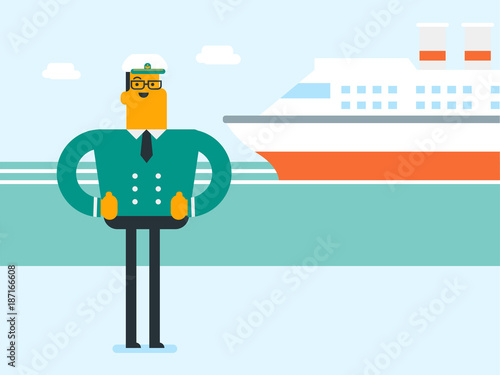 Young smiling caucasian white male ship captain in uniform standing on the background of sea and cruise ship. Vector cartoon illustration. Square layout.