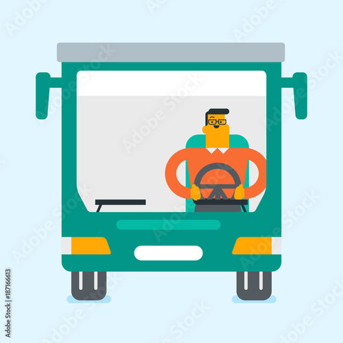 Young caucasian white bus driver sitting at steering wheel. Smiling bus driver sitting in the driver cab and driving a passenger bus. Vector cartoon illustration. Square layout.