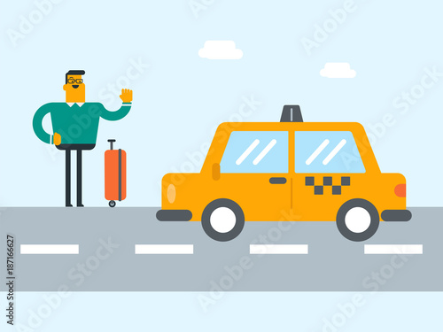 Young caucasian white man with s suitcase catching a taxi car by waving hand. Hitchhiking man trying to stop a taxi car on a highway. Vector cartoon illustration. Square layout.