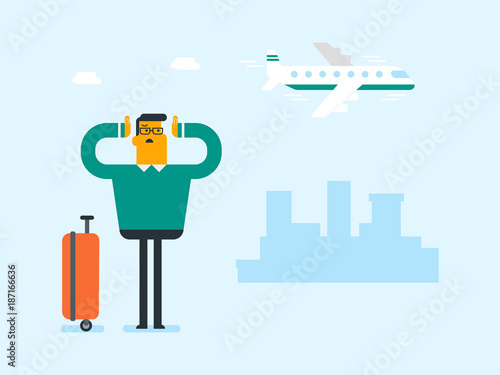 Young caucasian white airplane passenger frightened by future flight. Man suffering from fear of flying. Terrified man with suitcase waiting for a flight. Vector cartoon illustration. Square layout.