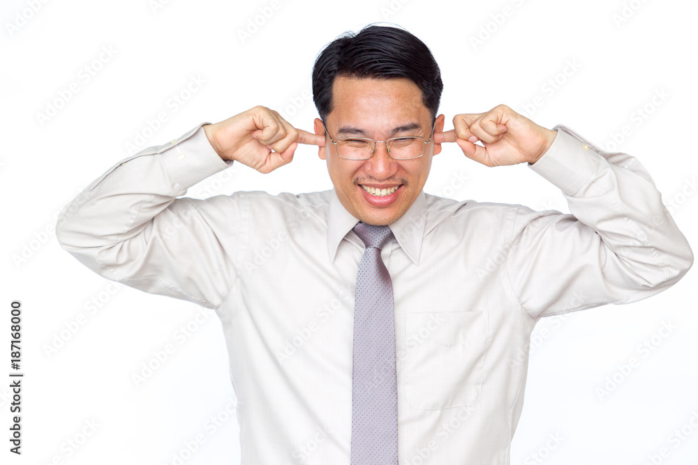 Asian business man age between 35-45 years old in upset emotional close up haft of body on the solid white background. Asian business man age between 35-45 years old in upset emotional close up haft of body on the solid white background.