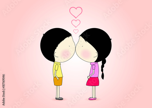 Cute cartoon love and romantic, Boy and girl are kissing, vector illustration