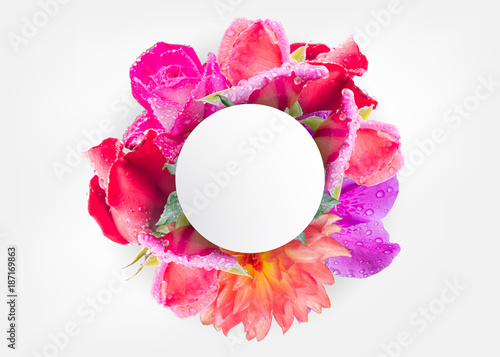 beautiful Fresh and real rose and Flower  with white  paper empty space label for Text and  Design