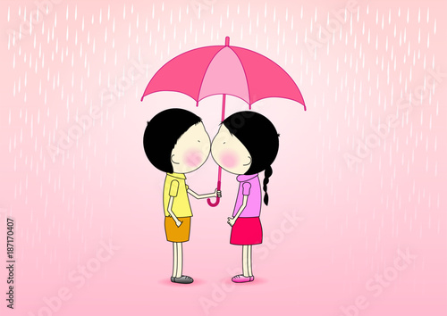 Cute cartoon romantic, Boy hold an umbrella for a girl in the rain and kiss a girl