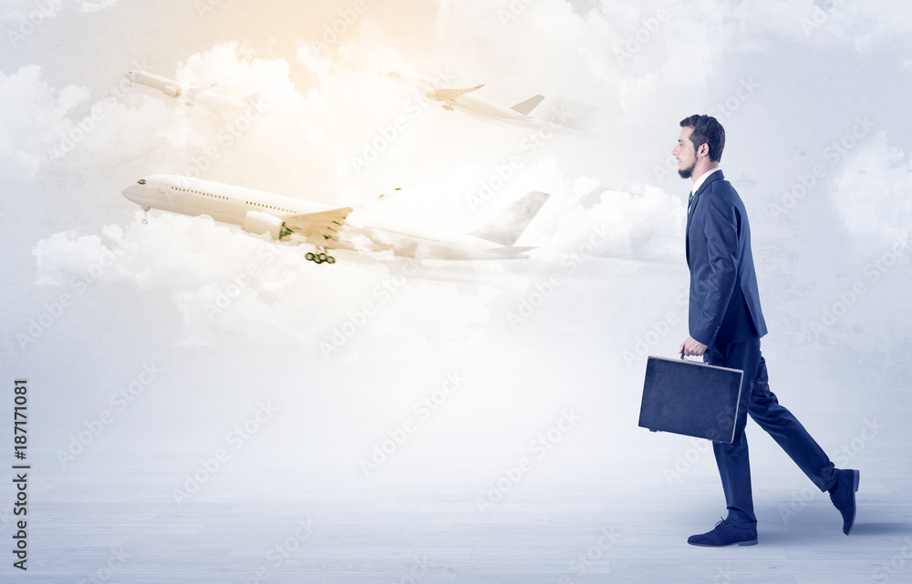 Businessman going somewhere with airplane Businessman going somewhere with airplane