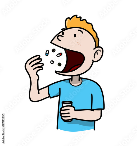 Taking Supplements, a hand drawn vector cartoon doodle illustration of a man taking vitamins.