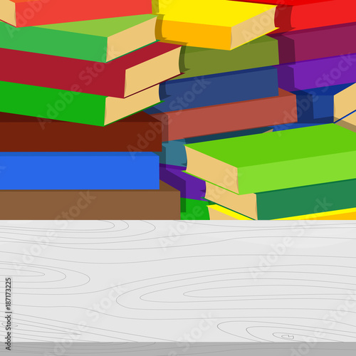 Empty school desk with a stack of books on the background. Education concept. Vector cartoon style illustration.