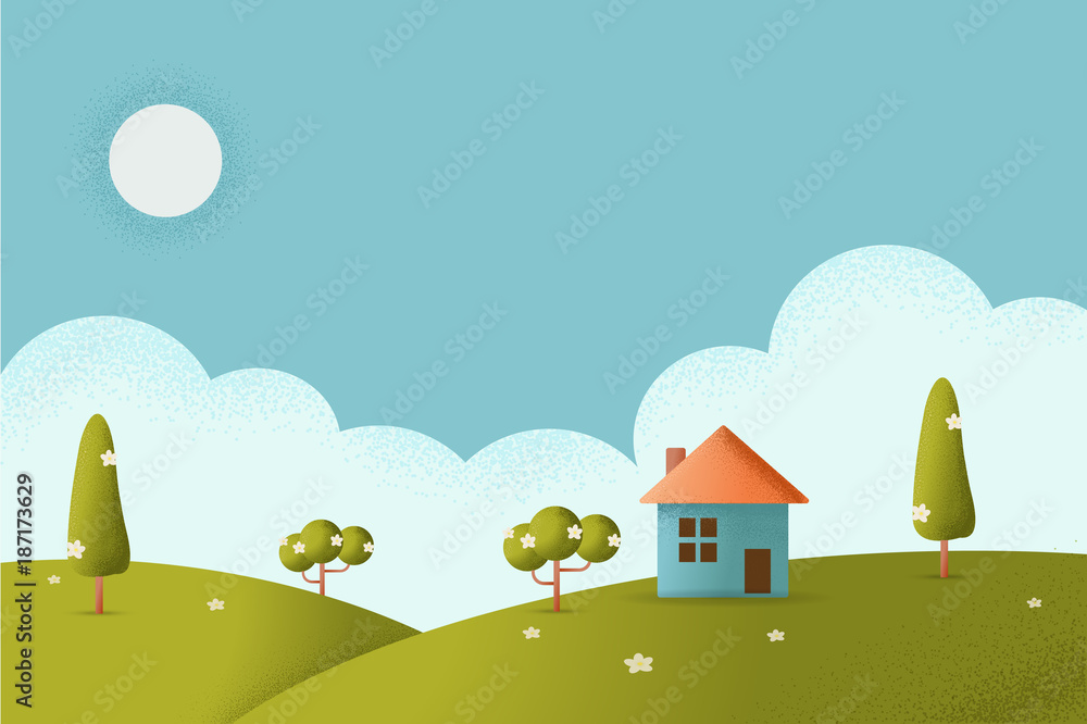 House on hill Vector texture style concept illustration.