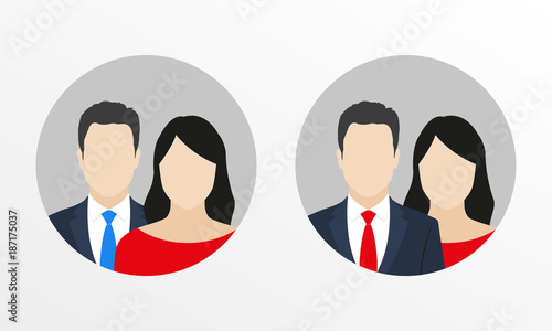 Male with female flat icons. Man in business suit with necktie and woman user avatar. Vector illustration.